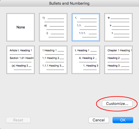 Bullets and Numbering Customize Button