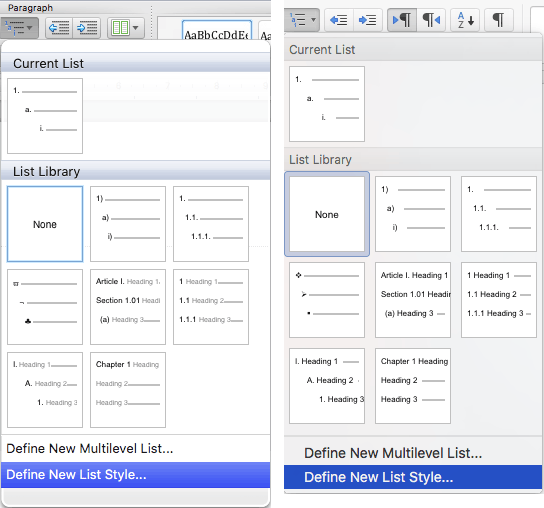 Outline Numbering in Word for OS X - Multilevel List 2011 (left) + 2016 (right)