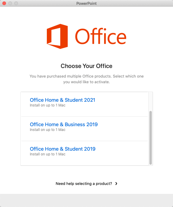 Choose an Office license to use with your installation.