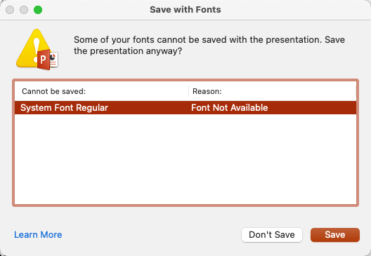 Incompatible format for PowerPoint font embedding