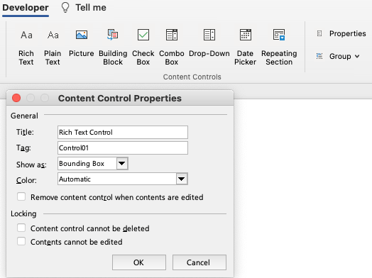 Word for Mac Content Controls